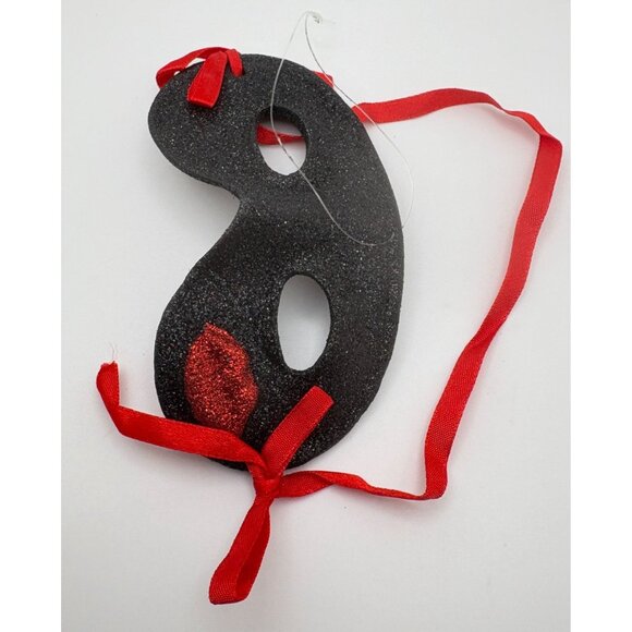Masquerade Mask Christmas Tree Ornament Black Glitter Red Ribbon Lips Accent - Picture 4 of 6